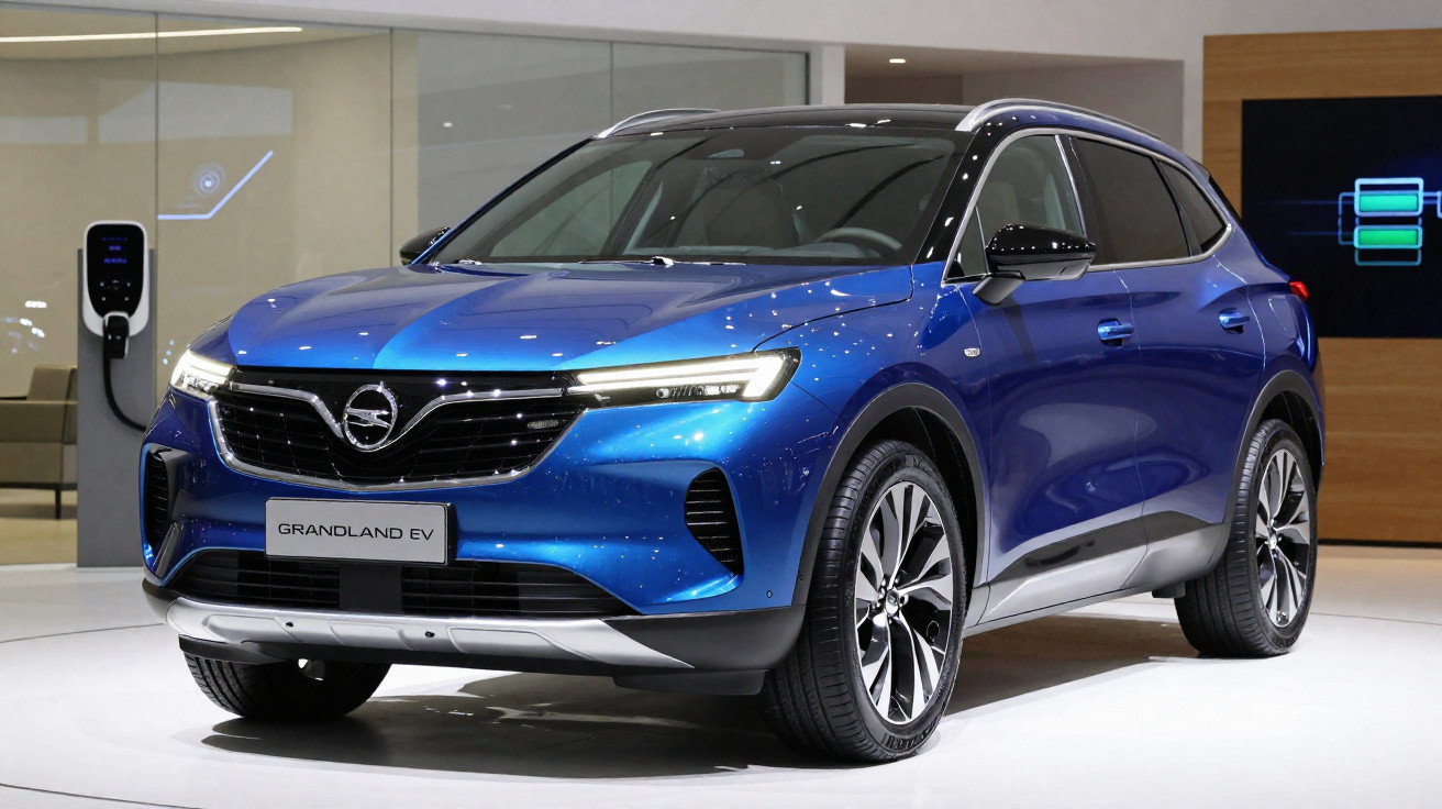 SUV elétrico azul Opel Grandland EV exposto em ambiente interno com carregador ao fundo.