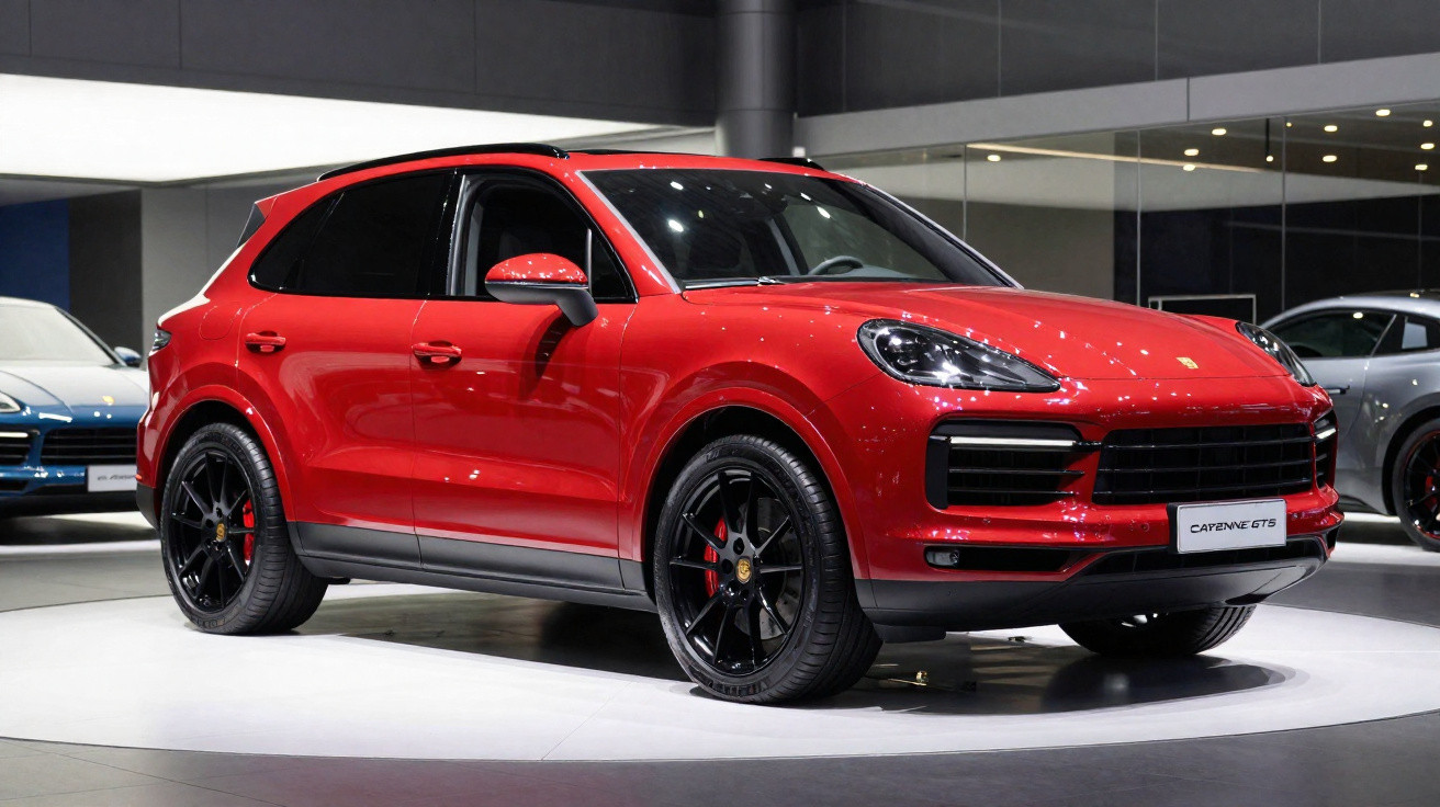 SUV Porsche Cayenne GTS vermelho exposto em showroom com rodas pretas.