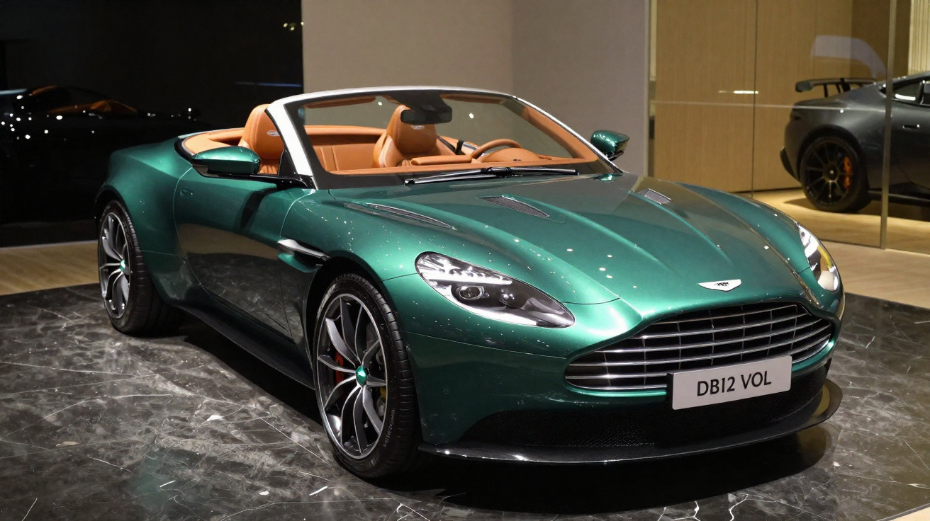 Carro esportivo conversível verde com interior bege exposto em showroom sofisticado.