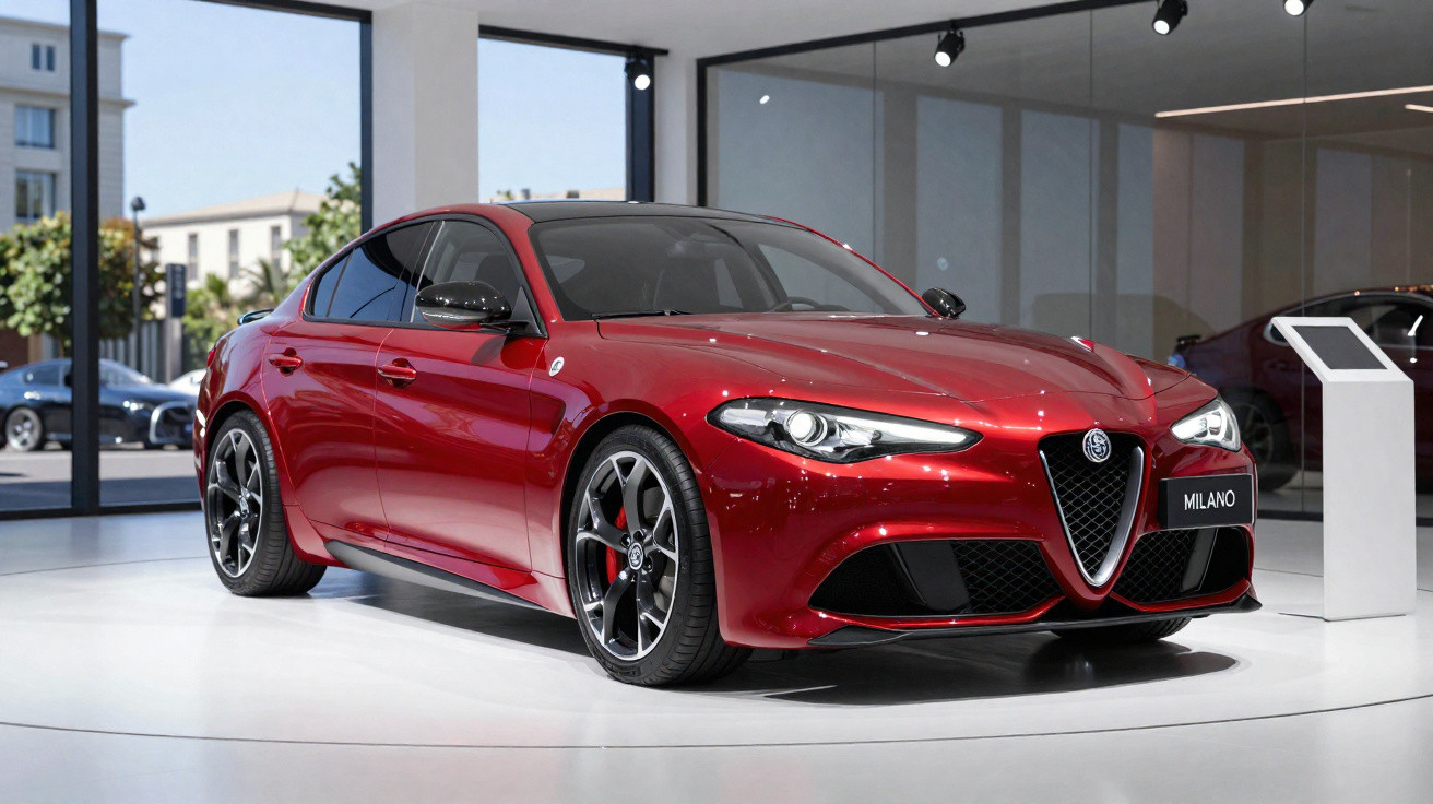 Carro esportivo Alfa Romeo vermelho modelo Milano exibido em showroom moderno e iluminado.
