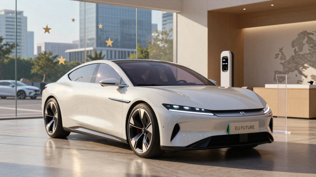 Carro elétrico branco moderno estacionado em showroom com painel de carregamento e prédios ao fundo.