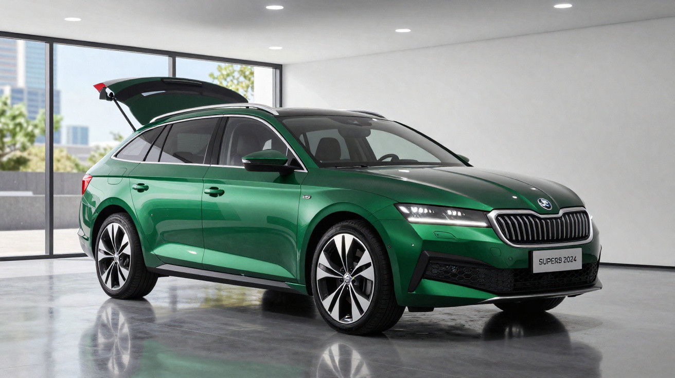 Carro verde marcado como Škoda Superb 2024 em ambiente interno com porta-malas traseiro aberto.