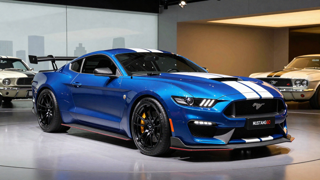 Carro esportivo Ford Mustang azul com faixa branca em exposição interna com luzes refletindo.