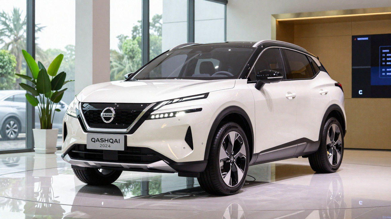 Carro SUV Nissan Qashqai 2024 branco com teto preto exposto em showroom moderno.