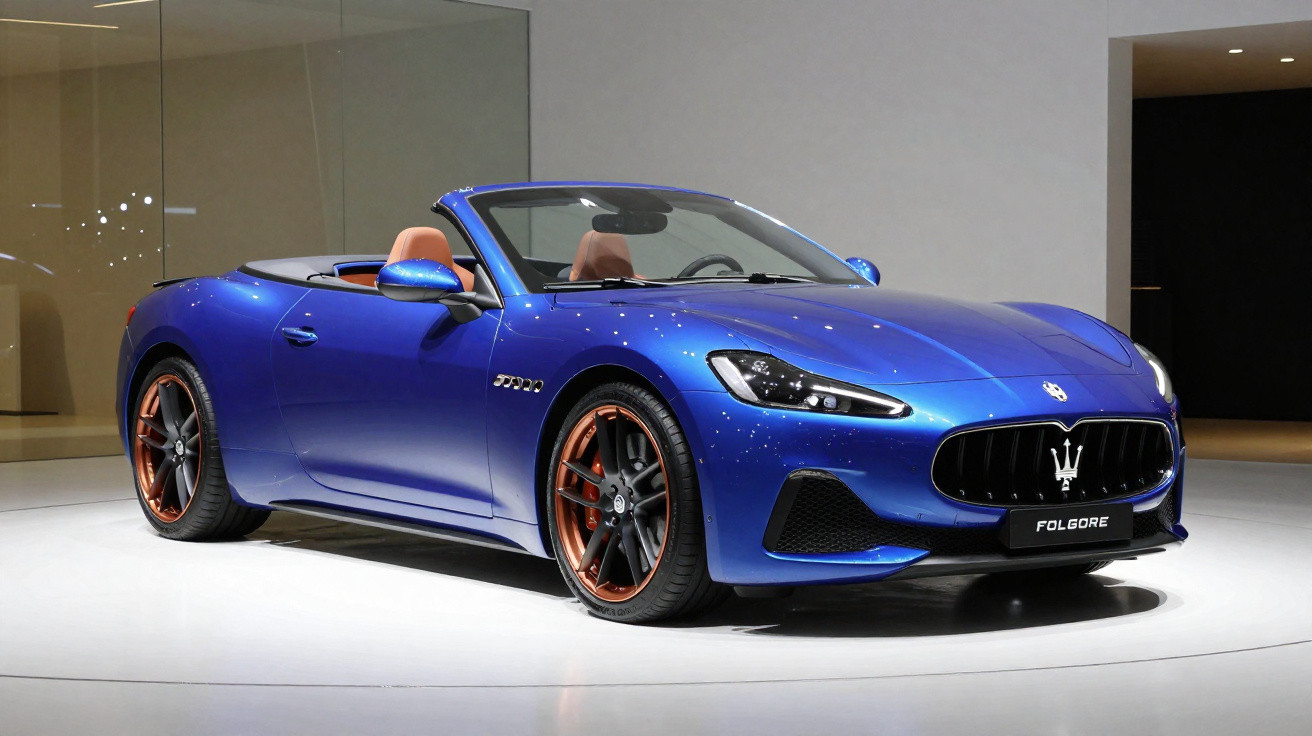 Carro conversível esportivo azul com detalhes em bronze, rodas pretas e interior marrom.