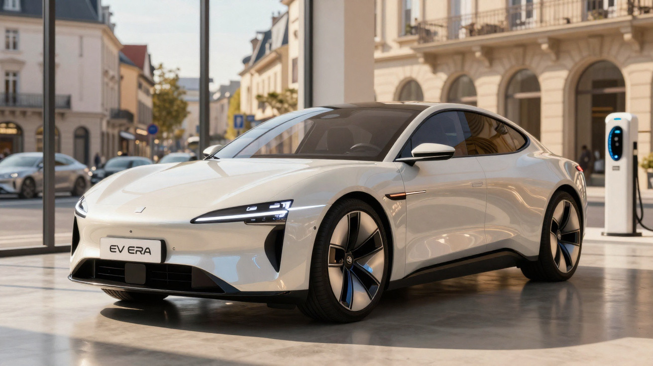 Carro elétrico branco EV ERA estacionado em área urbana com estação de recarga ao fundo.