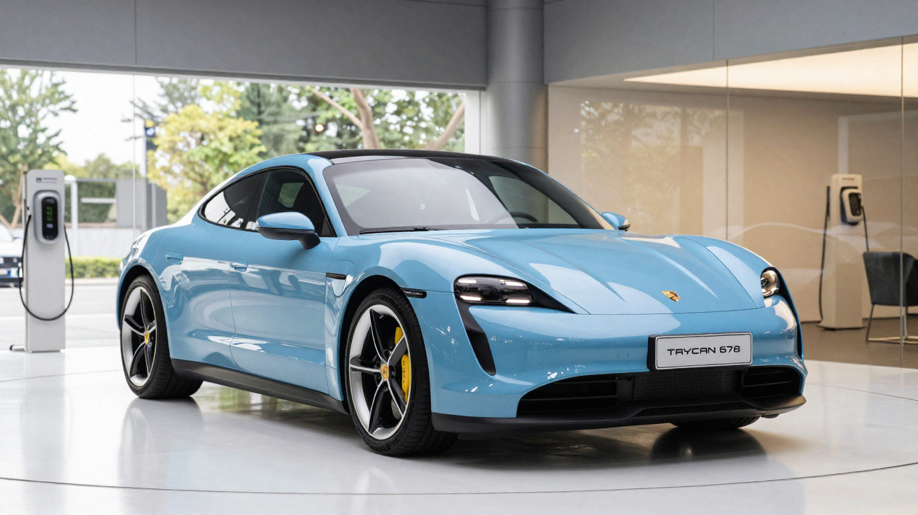 Carro esportivo elétrico azul Porsche Taycan 578 em showroom moderno com estações de recarga ao fundo.