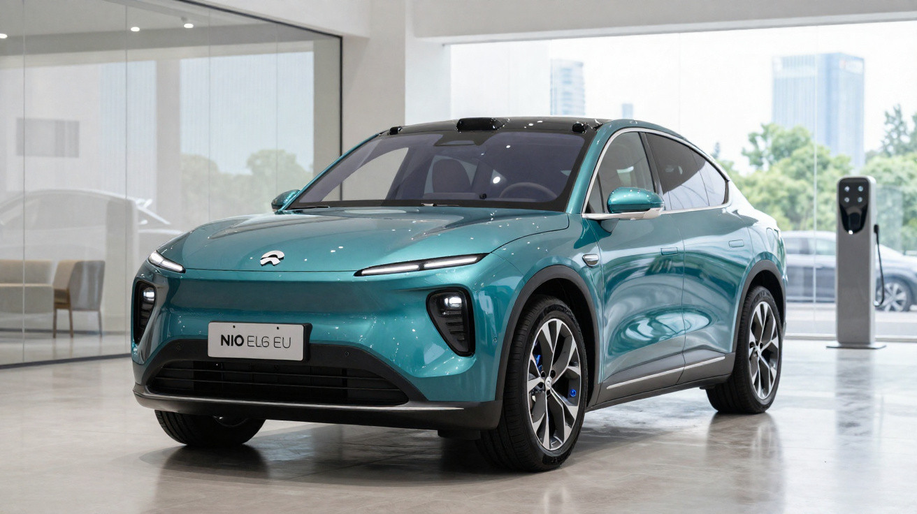 Carro elétrico azul NIO EL6 EU exposto em showroom moderno com piso brilhante e estação de recarga ao fundo.
