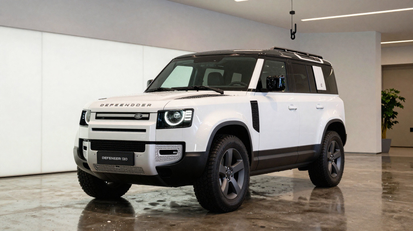 Carro SUV Land Rover Defender branco estacionado em ambiente interno com piso refletivo.