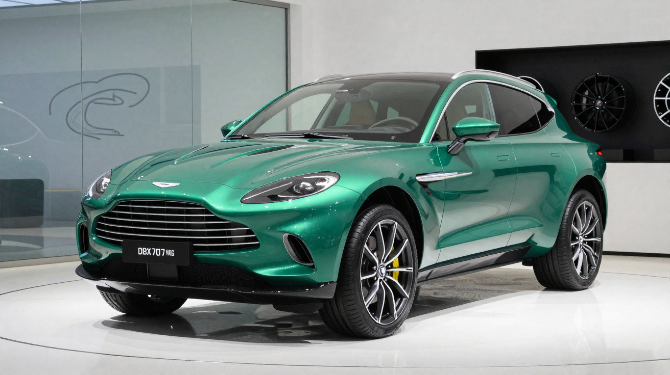 Carro esportivo verde Aston Martin DBX 707 MS em exposição interna com rodas de liga leve.