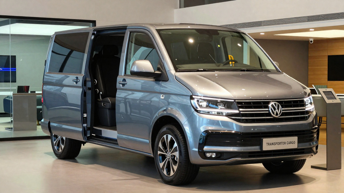 Van Volkswagen Transporter Cargo cinza estacionada em showroom com porta lateral aberta