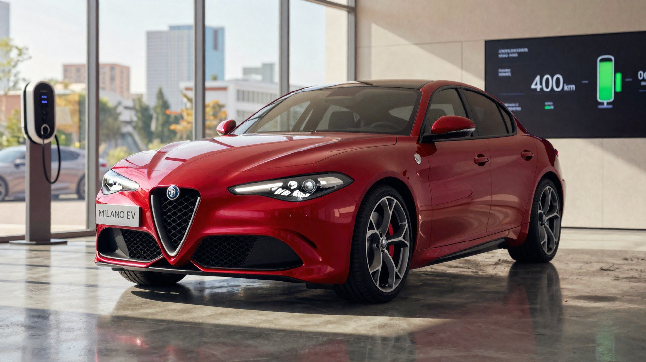 Carro elétrico vermelho Alfa Romeo Milano EV estacionado ao lado de estação de recarga em ambiente interno.