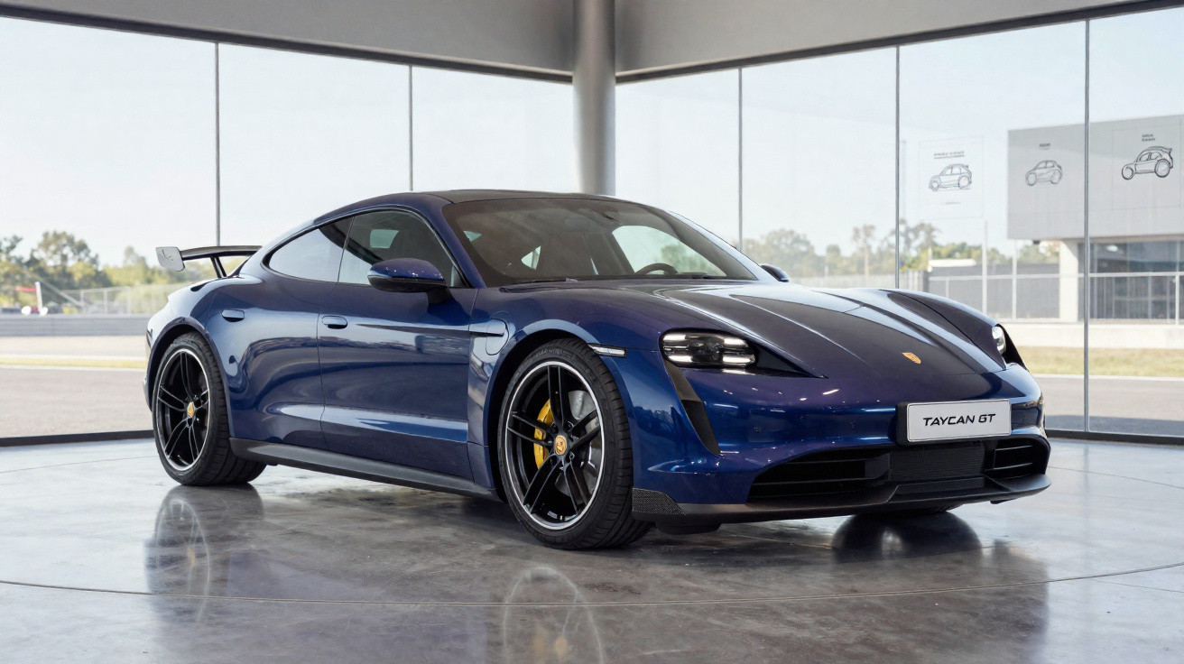 Carro esportivo Porsche Taycan GT azul estacionado em showroom moderno com piso refletivo.