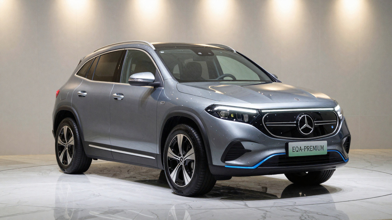 SUV Mercedes-Benz EQA Prata estacionado em área interna iluminada com piso branco brilhante.