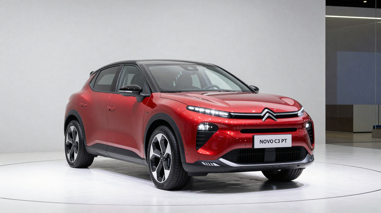 Carro Citroën Novo C3 PT vermelho em estúdio com detalhes em preto e rodas esportivas.