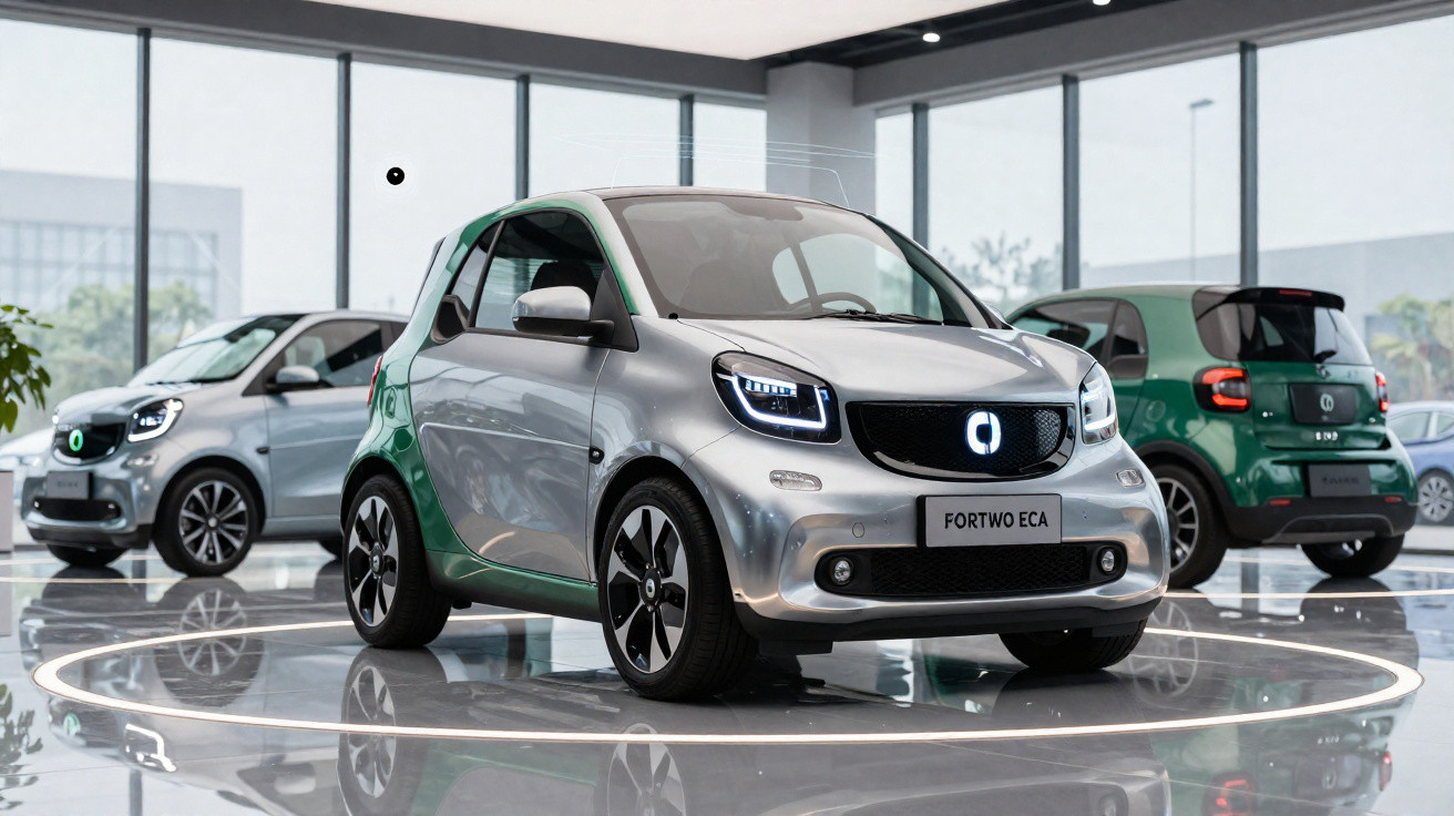 Carros elétricos Smart Fortwo ECA expostos em showroom moderno com piso brilhante.