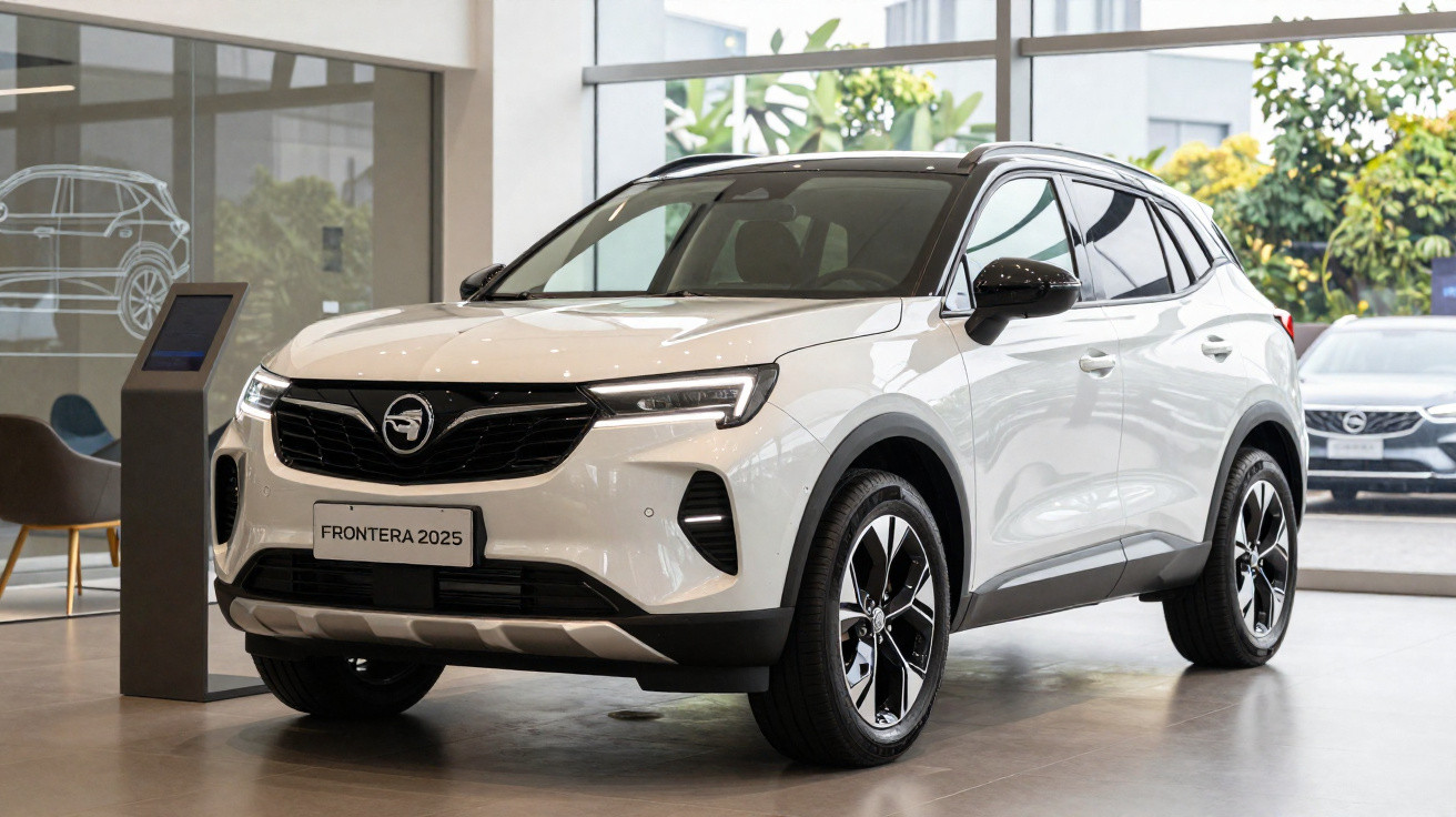 SUV branco modelo Frontera 2025 em exposição dentro de showroom moderno com parede de vidro.