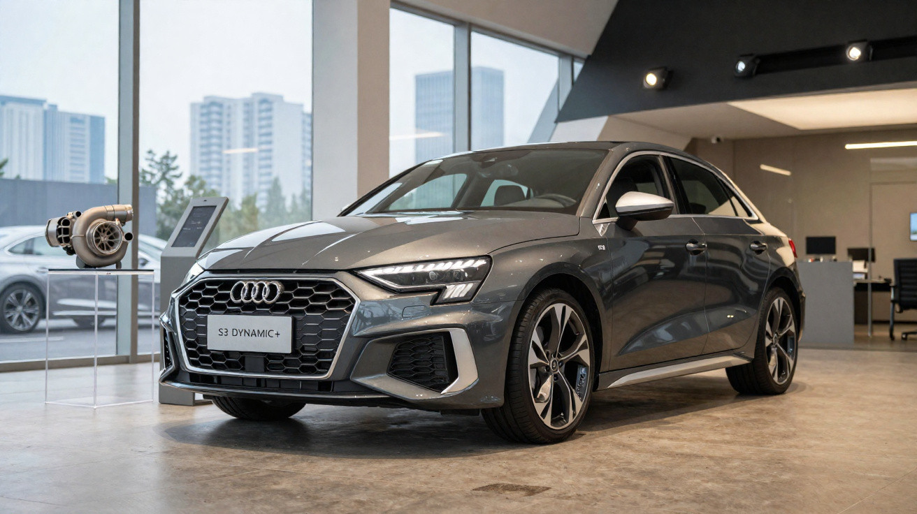 Carro Audi S3 Dynamic+ cinza em exposição dentro de concessionária moderna com arranha-céus ao fundo.