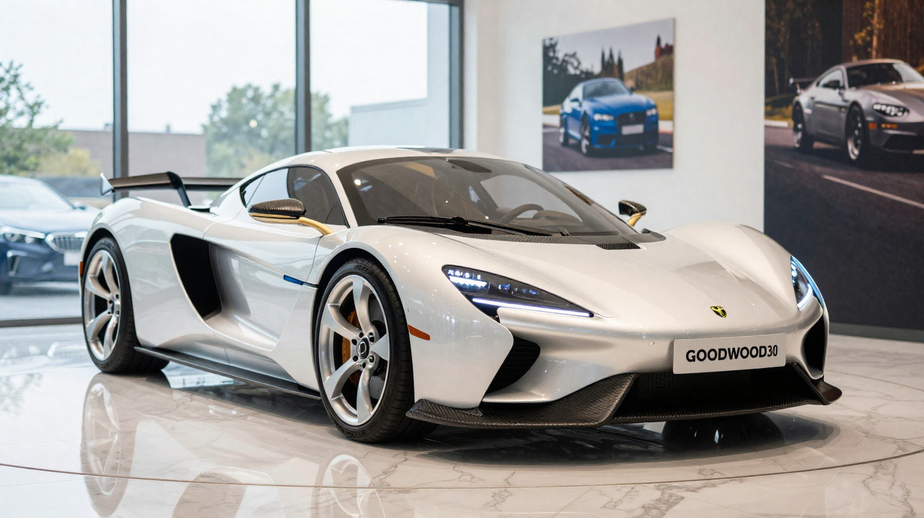 Carro esportivo branco McLaren em exposição dentro de showroom moderno com piso de mármore.