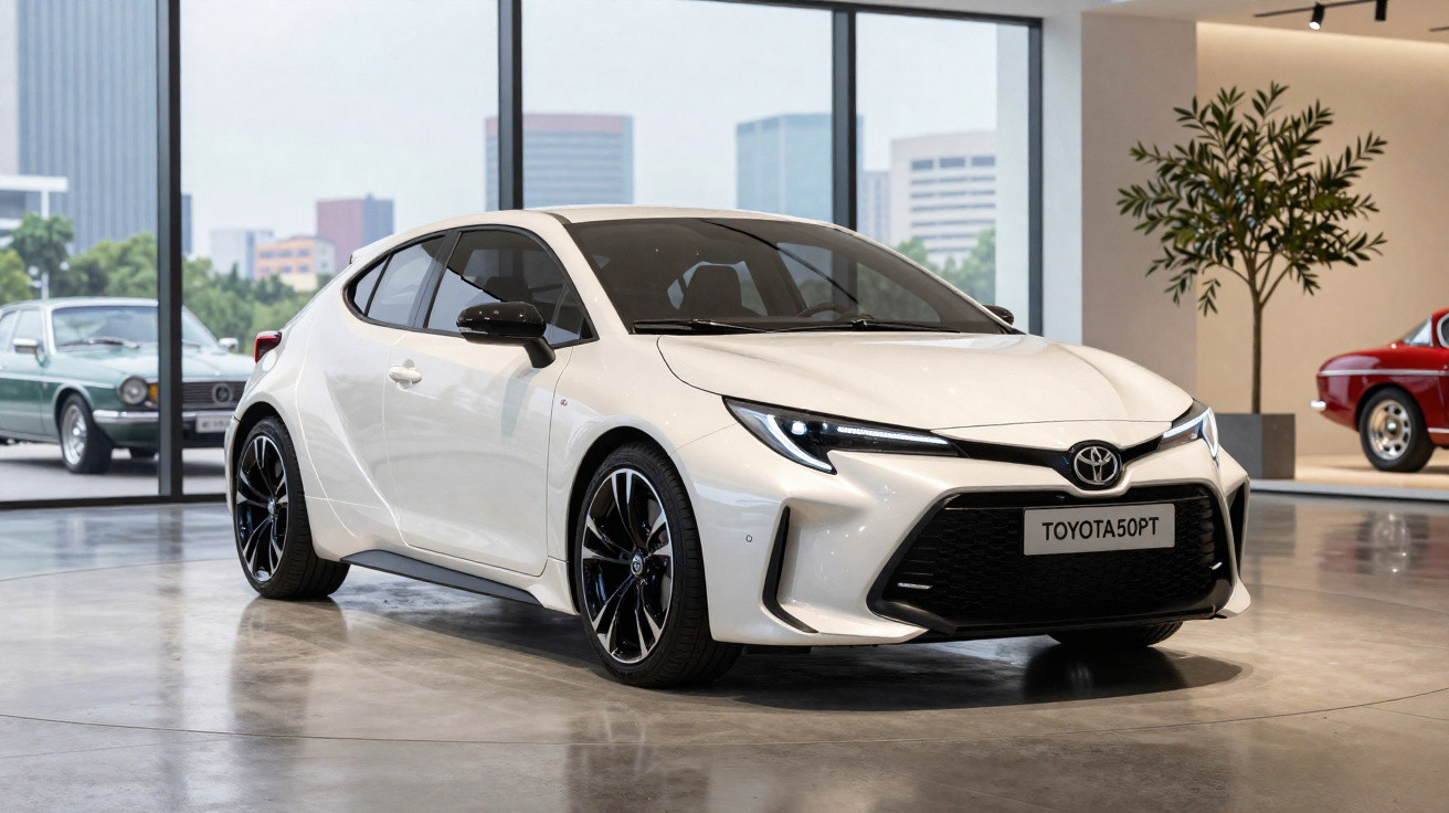 Carro branco Toyota 50PT exibido em showroom moderno com grandes janelas e piso brilhante.