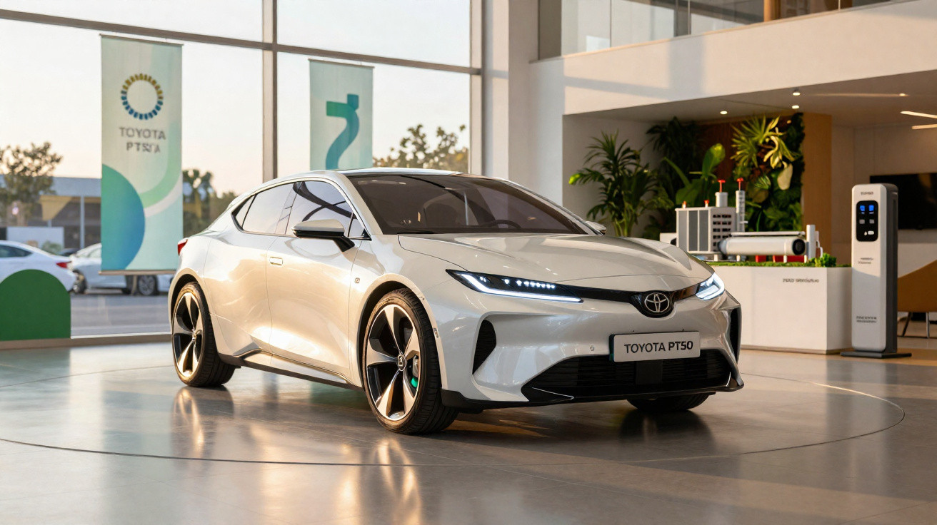 Carro elétrico Toyota PT50 branco exposto em showroom moderno com iluminação natural e decoração verde.