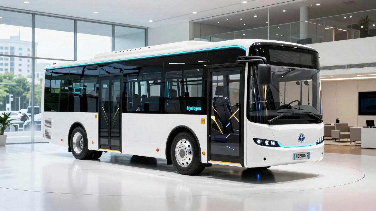 Ônibus branco moderno com design aerodinâmico exposto em ambiente interno iluminado.