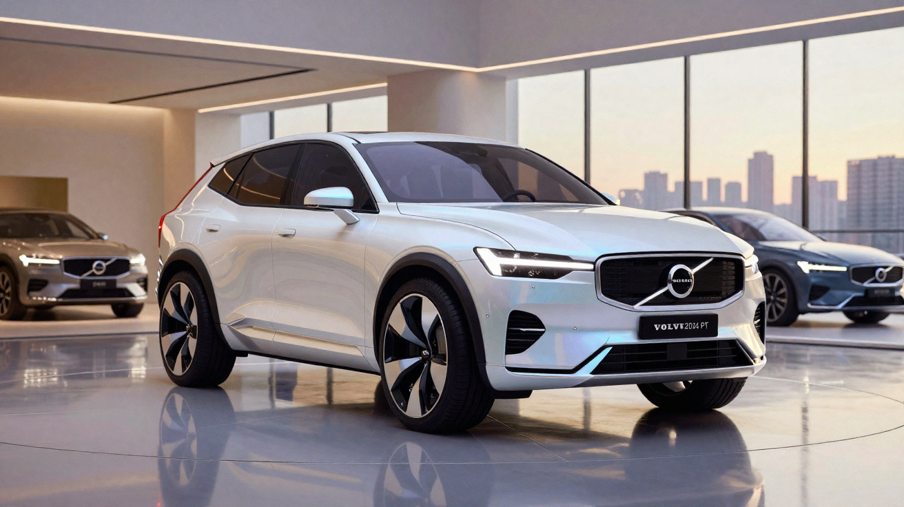 SUV Volvo XC40 branco em showroom moderno com duas outras unidades ao fundo e vista da cidade ao entardecer.