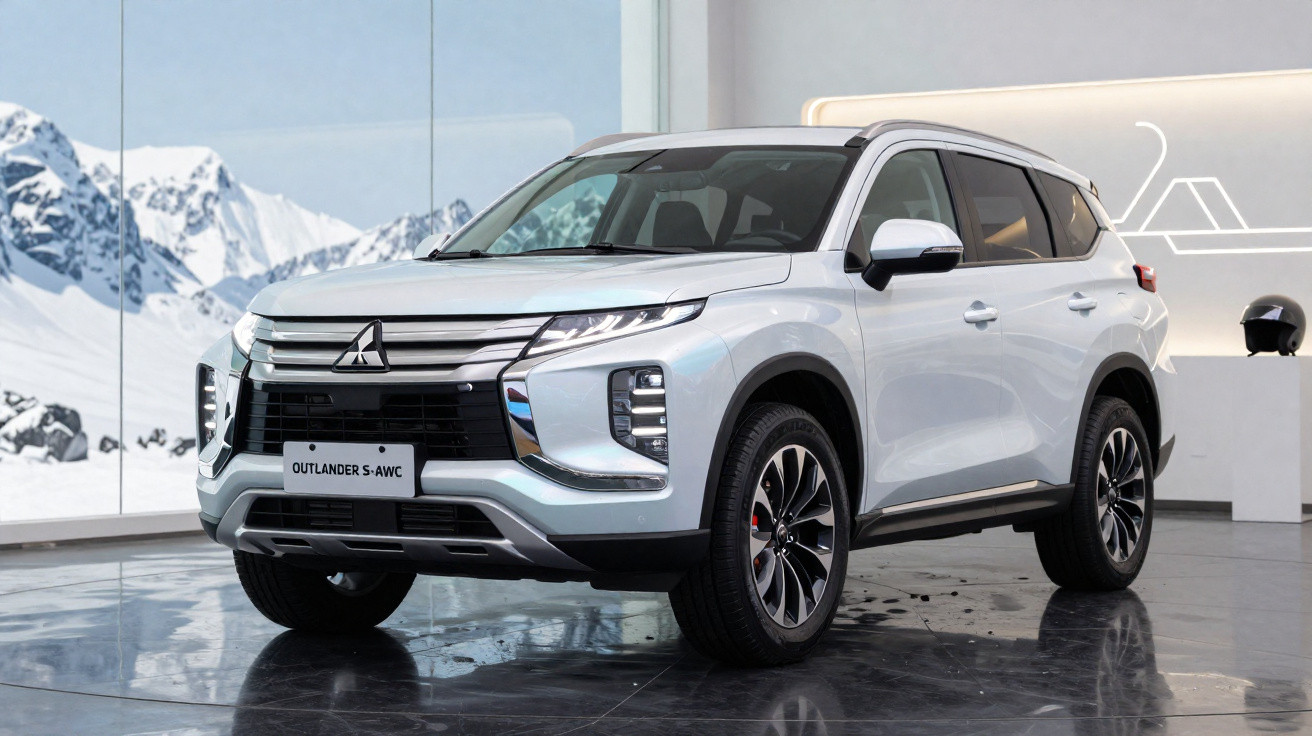 SUV branco Mitsubishi Outlander S-AWC estacionado em ambiente interno com parede de vidro e montanhas ao fundo.