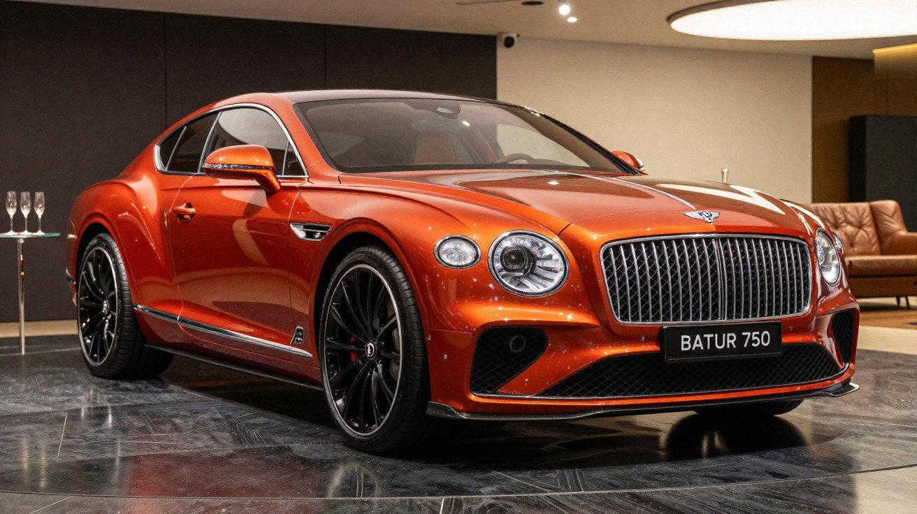 Carro esportivo laranja brilhante Bentley Batur 750 em exposição interna elegante e moderna.