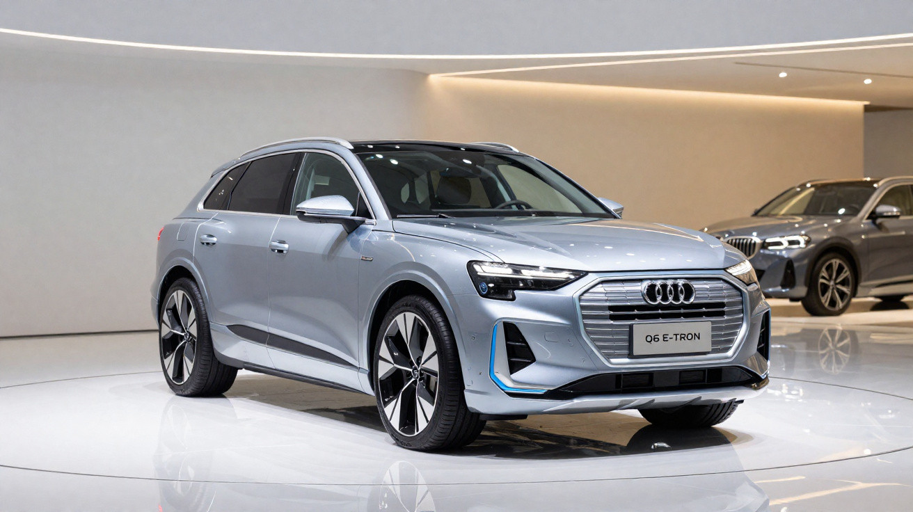 Carro elétrico Audi Q6 E-Tron prata exposto em showroom moderno com iluminação suave.