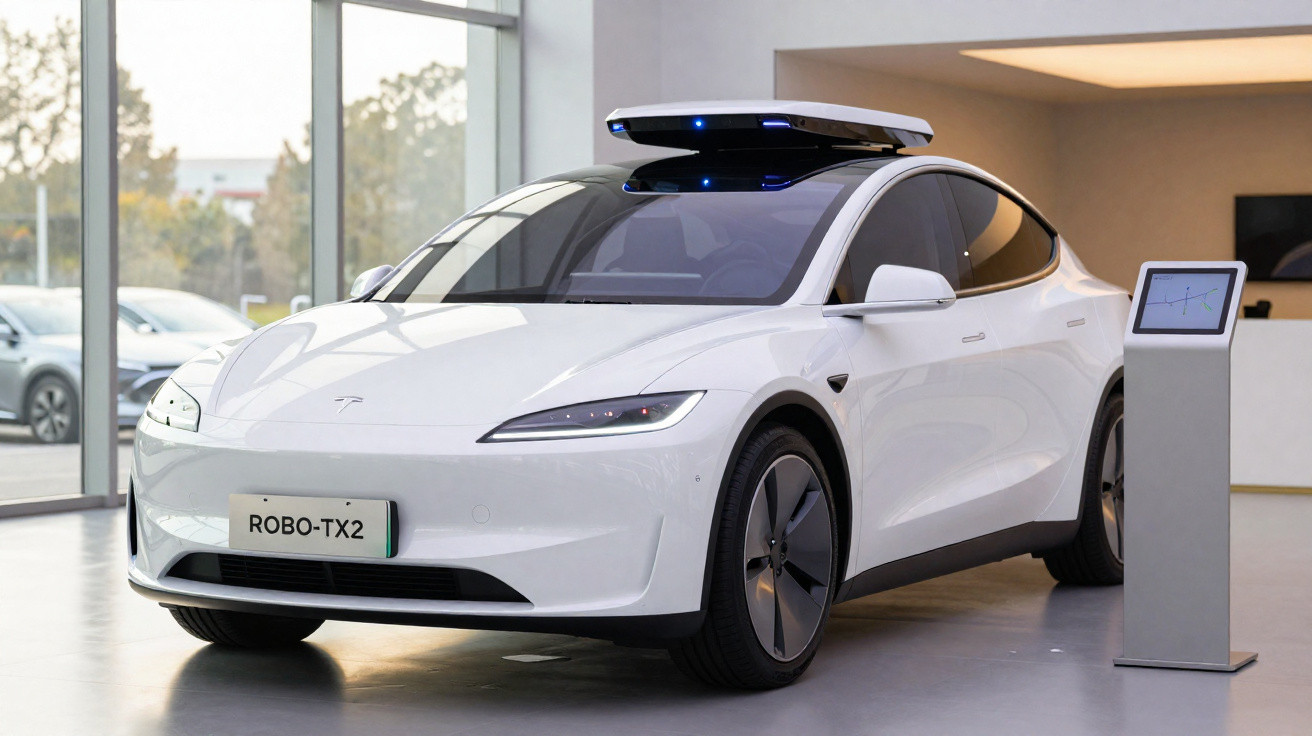 Carro elétrico branco Tesla Robo-TX2 com sensor no teto exibido em showroom moderno e iluminado.