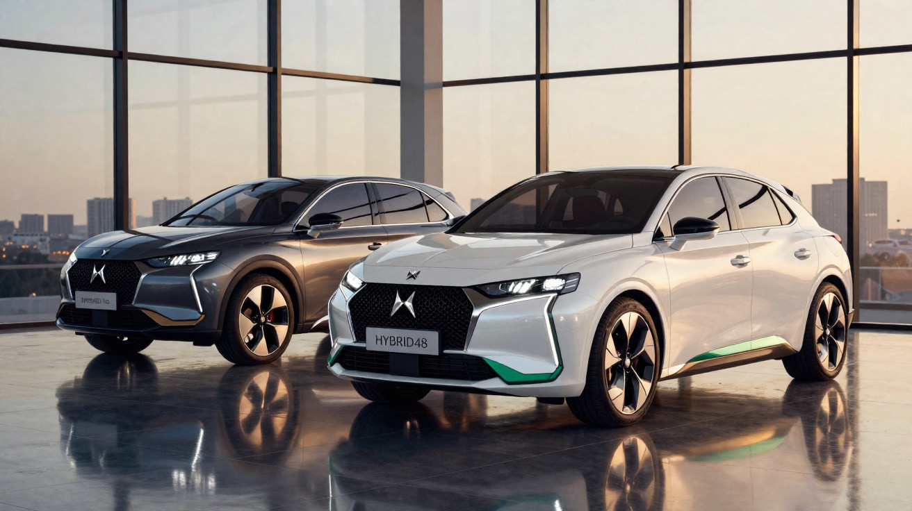Dois carros modernos da DS Automobiles, um branco e um cinza, em showroom com vidro grande e luz natural.