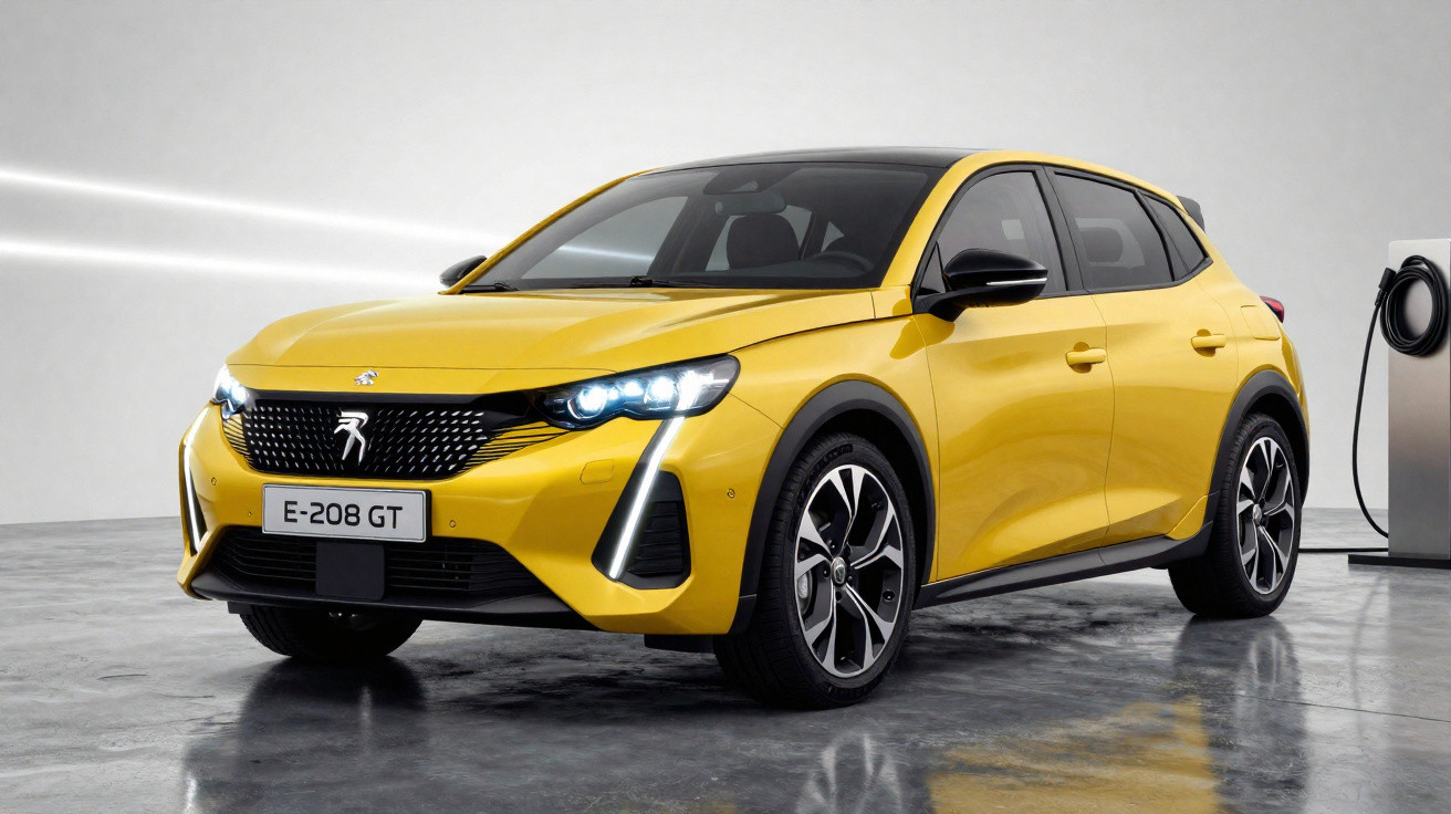 Carro elétrico Peugeot E-208 GT amarelo em estúdio com carregador conectado ao fundo.