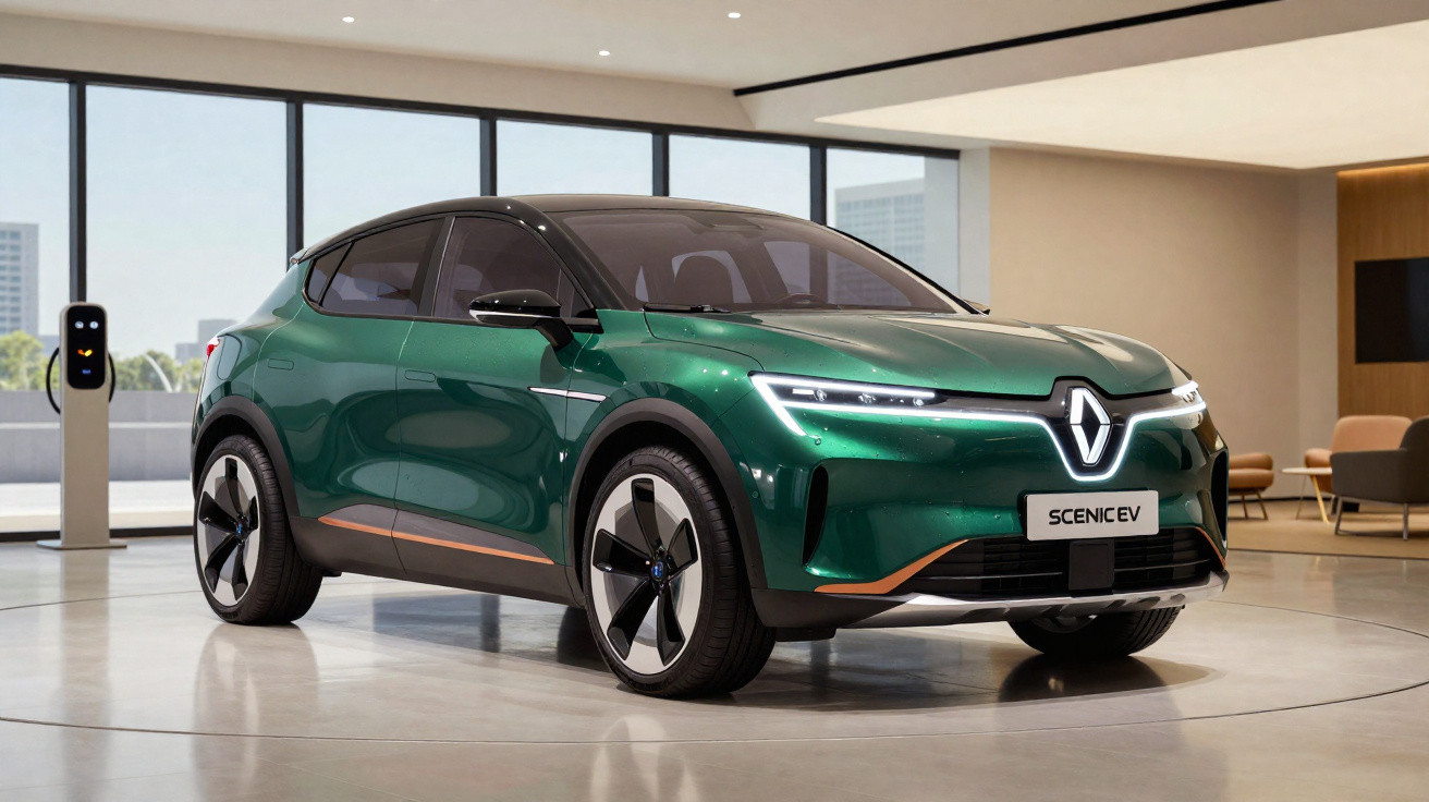 Carro elétrico Renault Scenic EV verde em exposição moderna com janelas e carregador ao fundo.