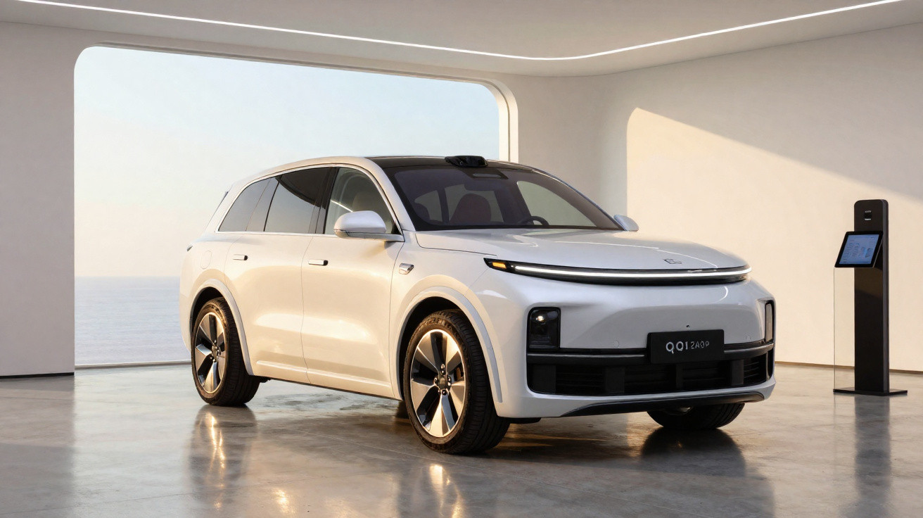 Carro elétrico branco estacionado em espaço interno minimalista, com painel de recarga ao lado.