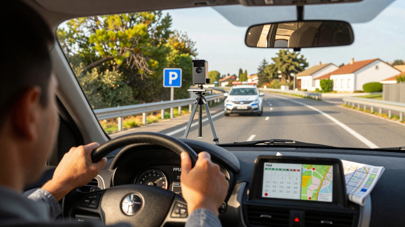 Motorista dirigindo com radar de velocidade na estrada e viatura policial ao fundo.