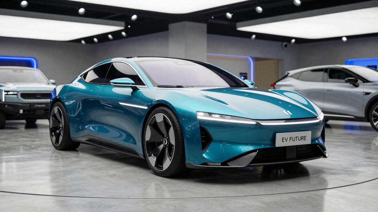 Carro esportivo elétrico azul com design aerodinâmico em exposição interna futurista.