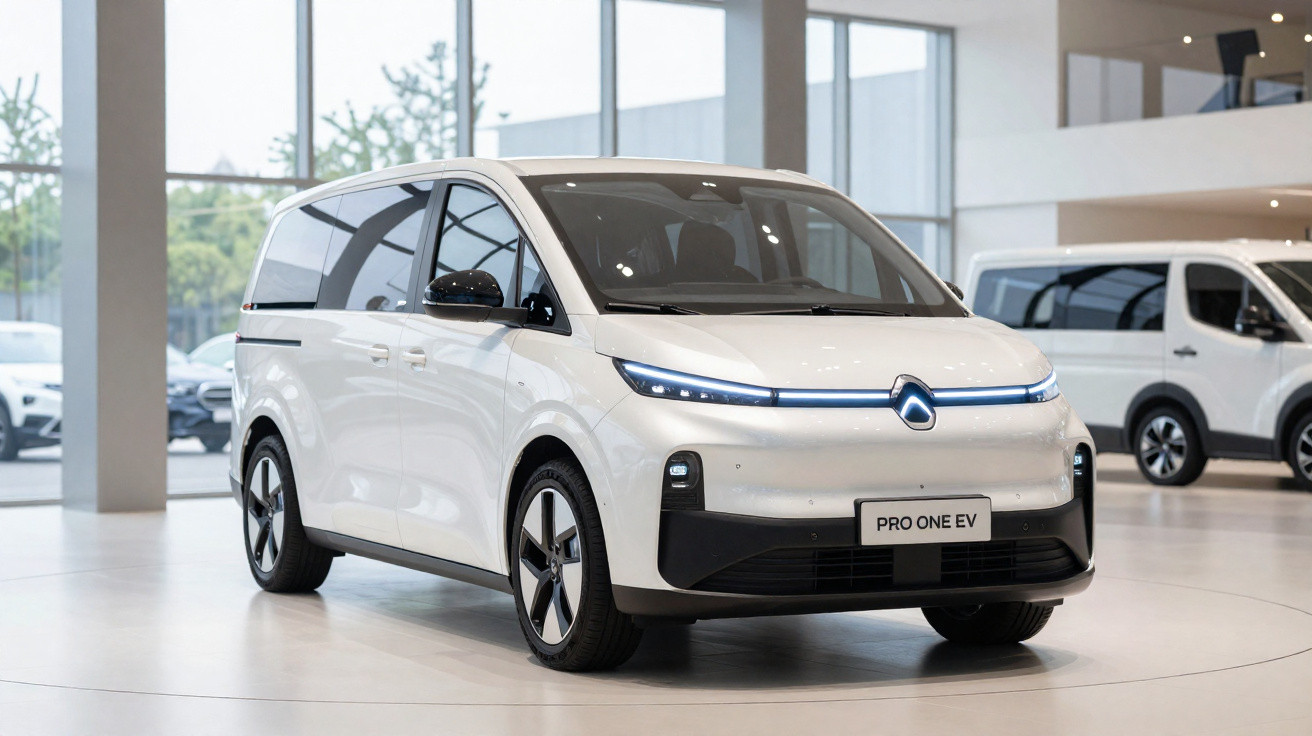 Van elétrica branca modelo Pro One EV exibida em showroom moderno e iluminado.