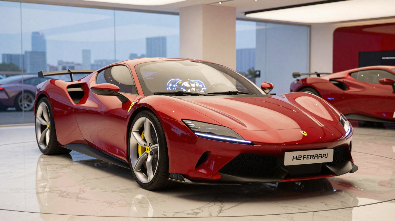 Ferrari H2 vermelha exposta em salão com parede de vidro e reflexo no chão branco brilhante.