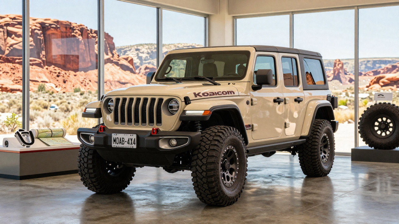 Jeep bege com pneus off-road exposto em showroom com janelas grandes e vista de deserto rochoso.