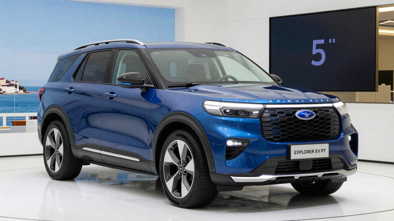 Carro SUV elétrico azul Ford Explorer EV PT em exposição, lado esquerdo visível, em ambiente interno.