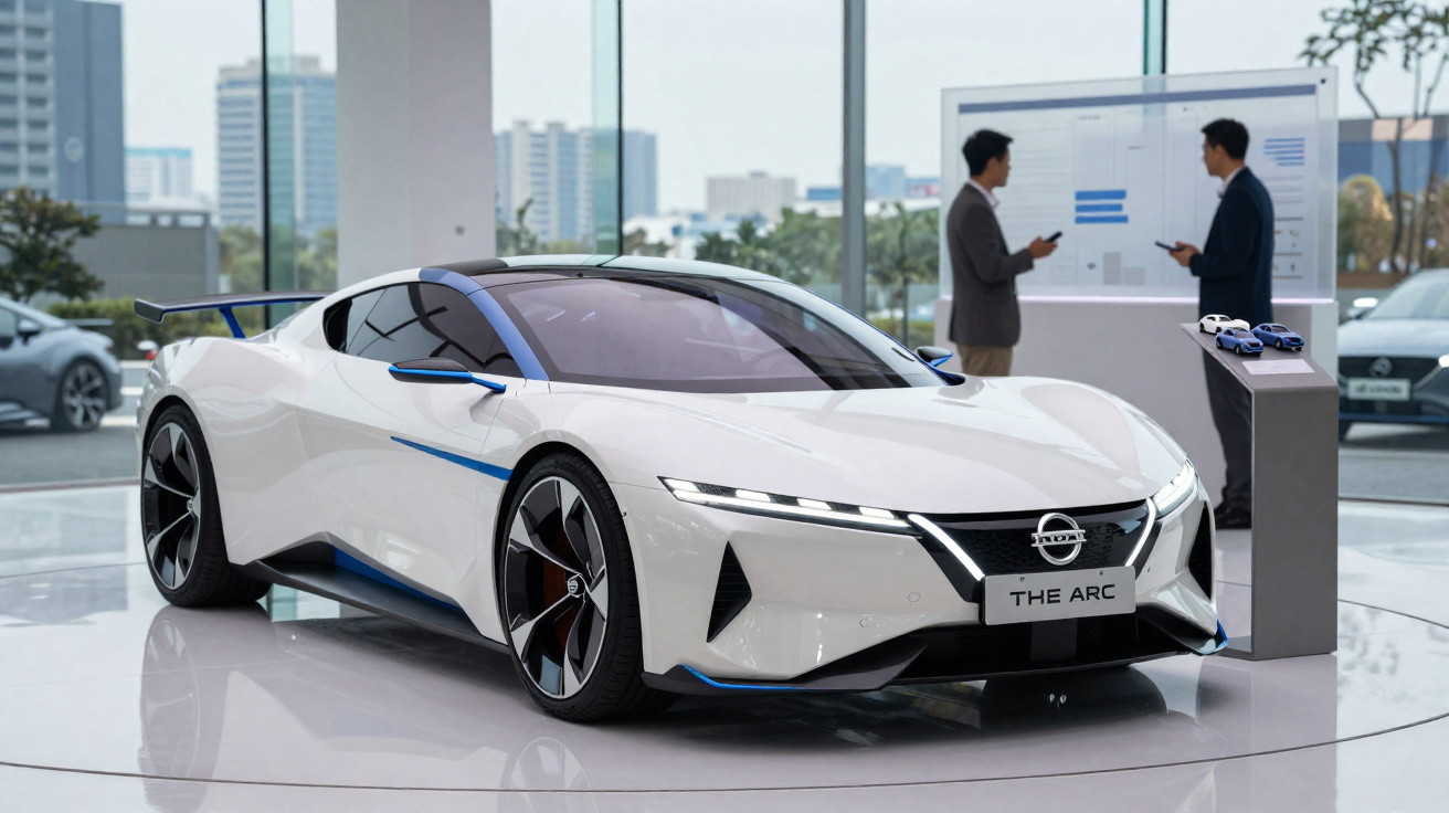 Carro esportivo branco futurista Nissan The Arc exposto em showroom moderno com duas pessoas ao fundo.