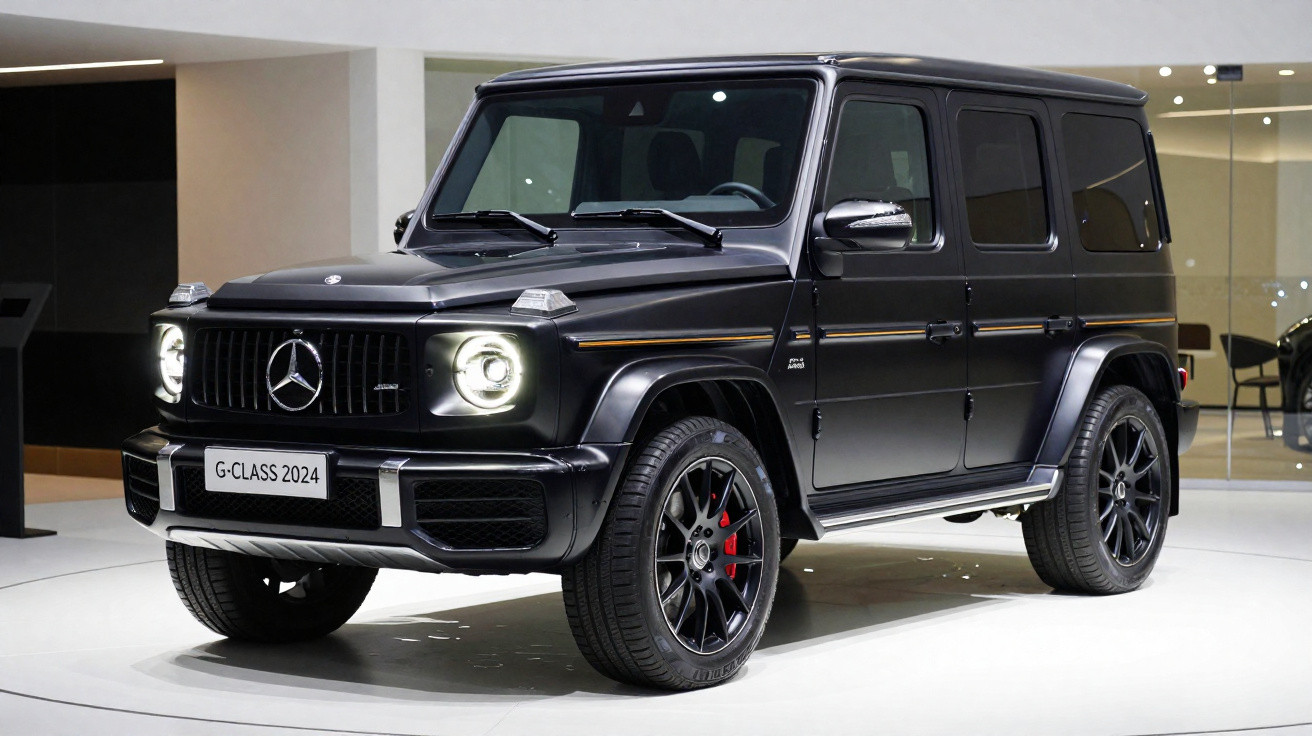 SUV Mercedes-Benz G-Class 2024 preta, vista frontal em exposição interna com faróis acesos.