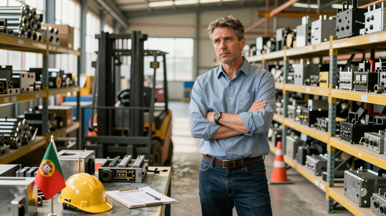 Homem de camisa azul e braços cruzados em galpão industrial com equipamentos eletrônicos nas prateleiras.