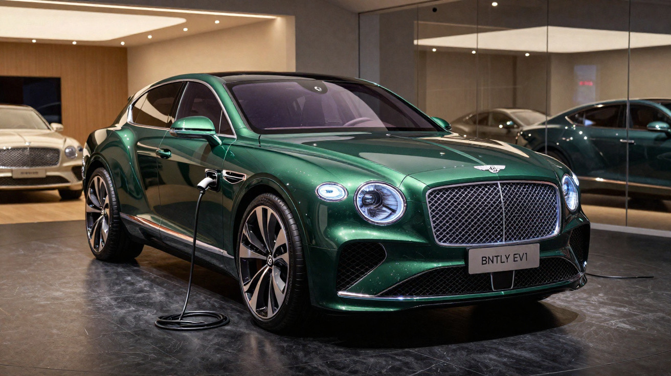 Carro elétrico verde Bentley BNTLY EV1 carregando em showroom moderno com piso preto e espelhos.