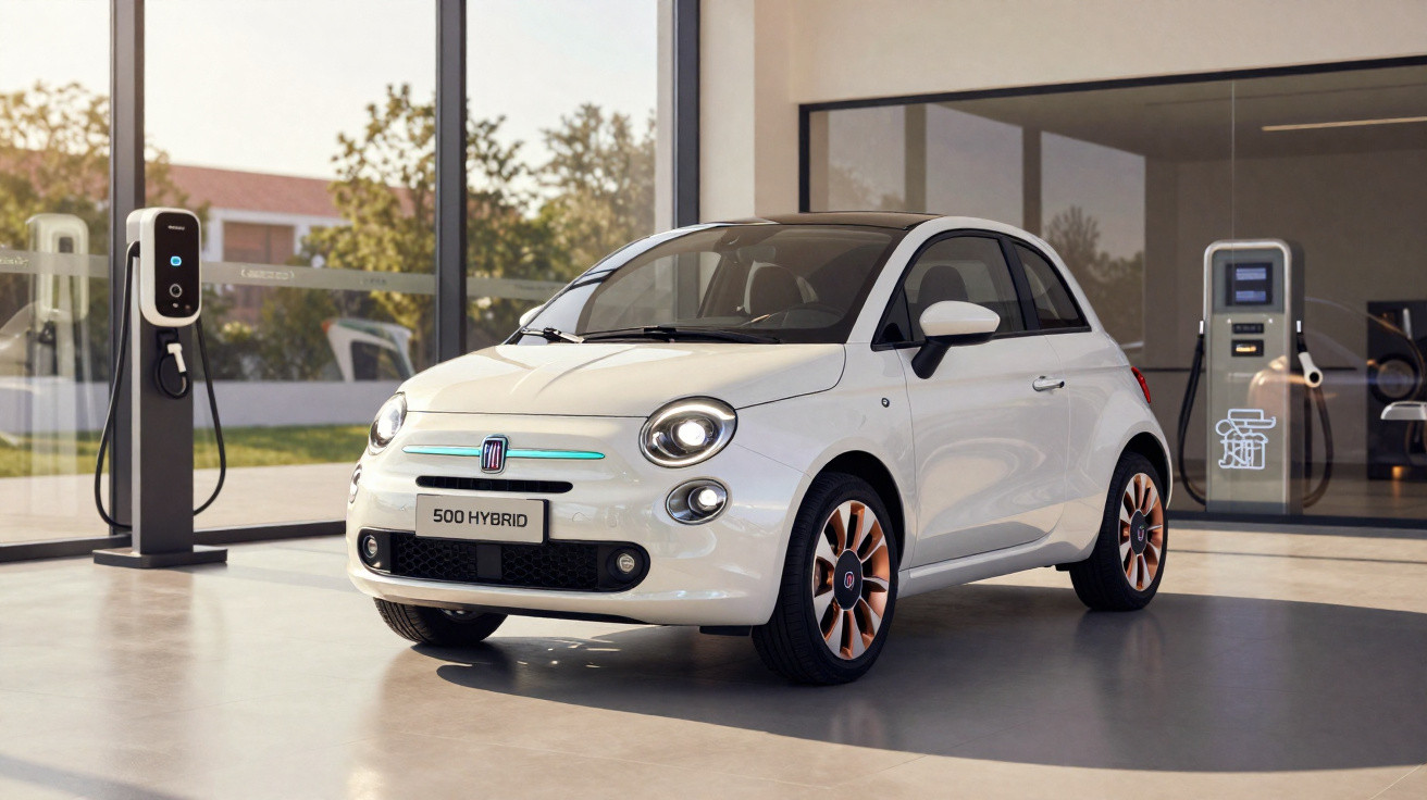 Carro branco Fiat 500 Hybrid estacionado em ambiente interno próximo a estação de recarga elétrica.