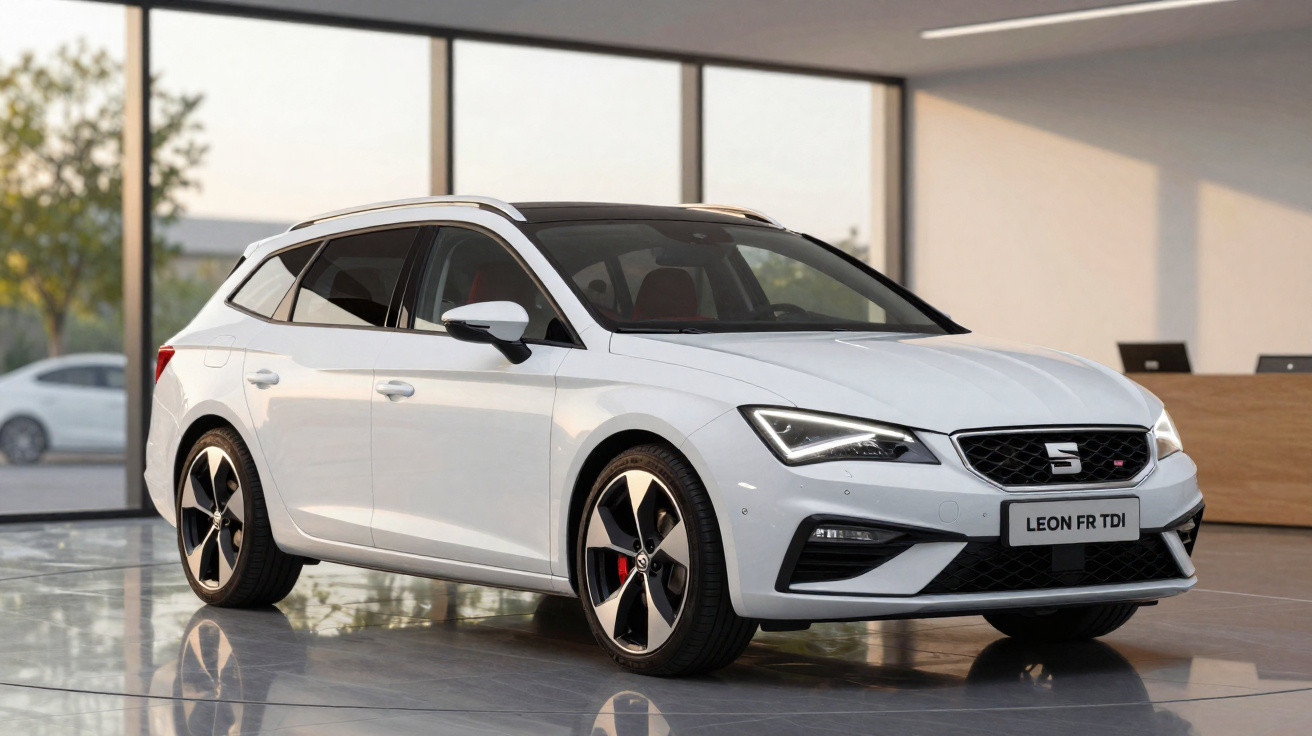 Carro branco branco SEAT Leon FR TDI estacionado dentro de showroom moderno e iluminado.