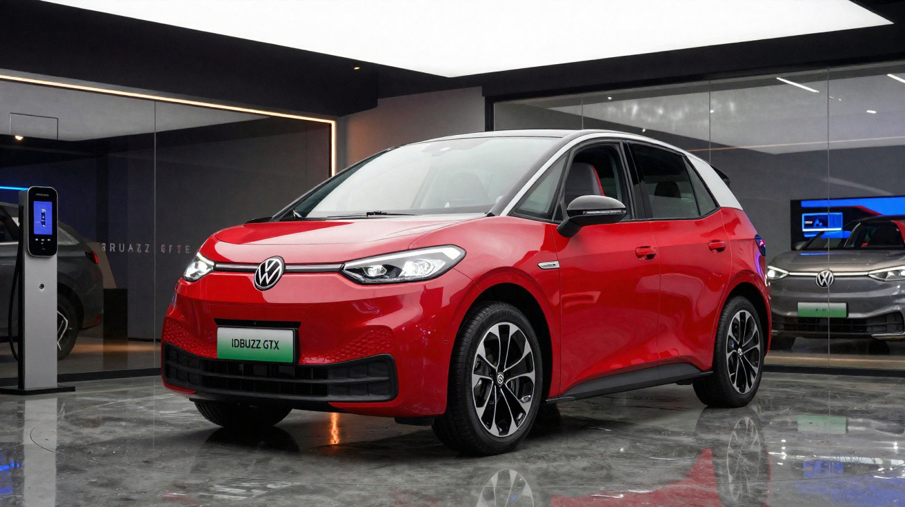 Carro elétrico vermelho Volkswagen ID.Buzz GTX em showroom moderno com estação de carregamento ao lado.