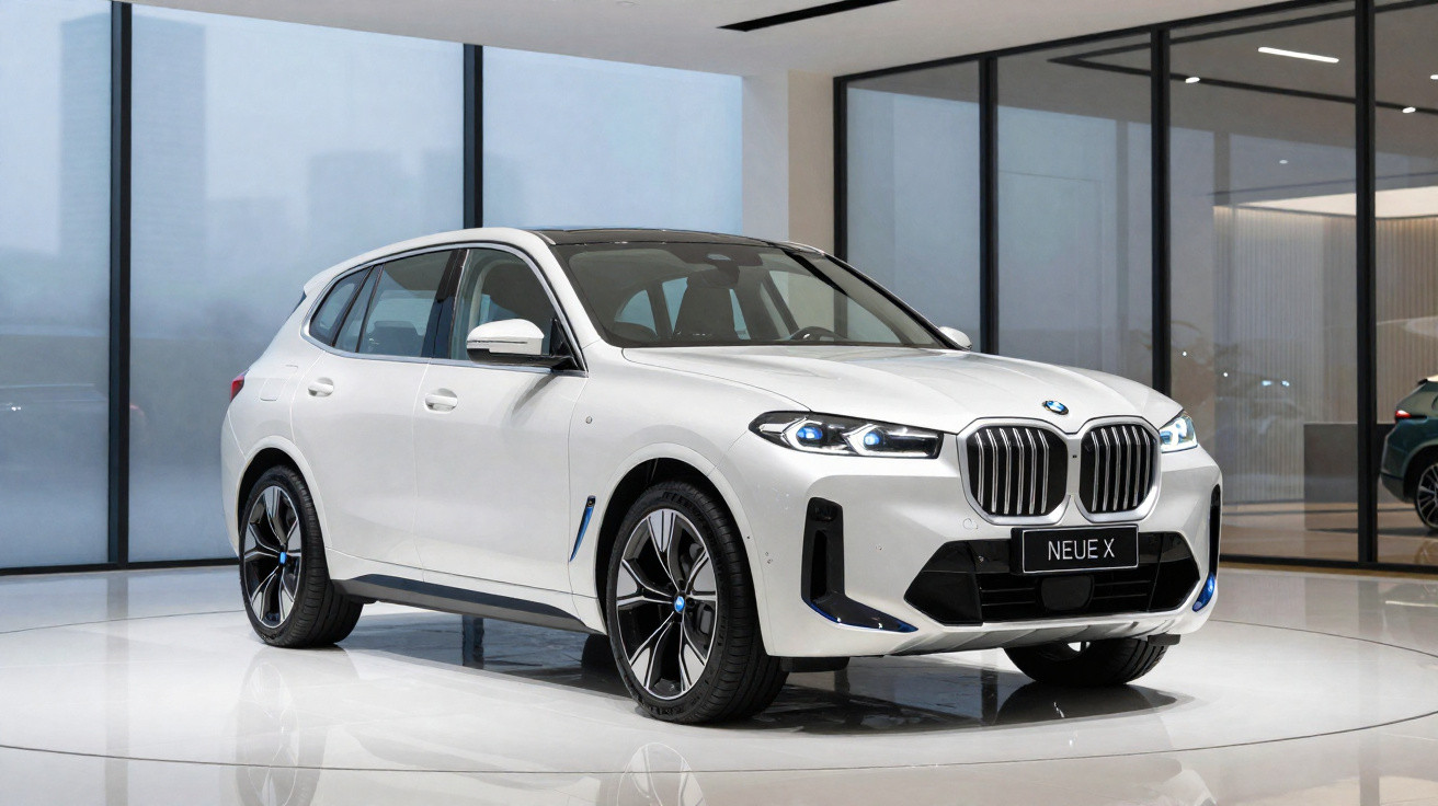 Carro BMW Neue X branco exposto em showroom moderno com piso e paredes claras.