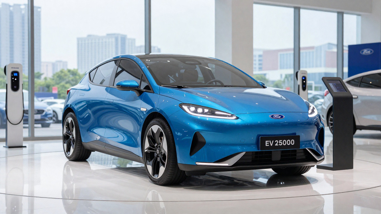 Carro elétrico azul Ford EV 25000 em exposição dentro de showroom moderno com cidade ao fundo.